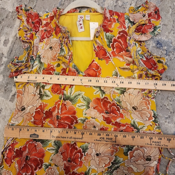 Anthropologie Dolan Silk Ellory Yellow Floral Midi flutter sleeve dress. S. New. - Picture 10 of 16